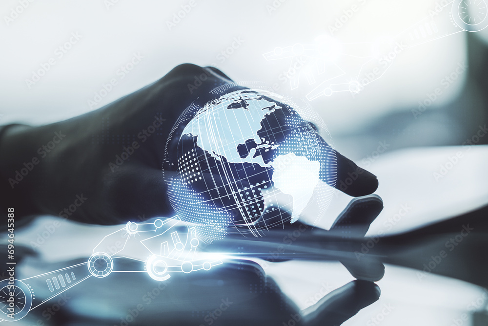 Fototapete creative abstract robotics technology sketch with globe and hand working with a digital tablet on ba