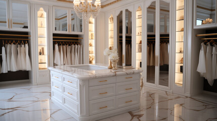 A white walk in closet with marble floors and crystal chandelier. Generative AI.