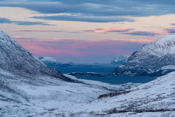 Arktyczne wybrzeże północnej Norwegii, skalisty fiord w różowych barwach zachodzącego słońca