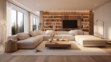 An open-plan spacious living room in a minimalist style. Generative AI.