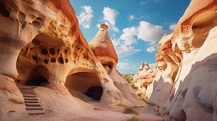 reality photo Magical sandstone shape in a canyon near the village of Cavusin, Cappadocia, Nevsehir Province in the Central Anatolia Region of Turkey, Asia, very beautiful view