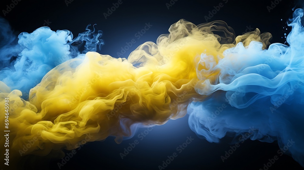 Poster Generative AI : Ukrainian flag performed from color smoke on the white background.