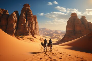 Egyptian towers in the desert against the shadow of two camels minimalism