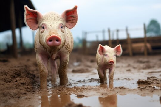 Shot of sow and piglet in a muddy farm. Generative AI.