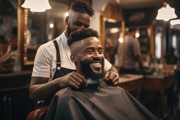 Black man getting haircut at barber shop. Generative AI. - Powered by Adobe