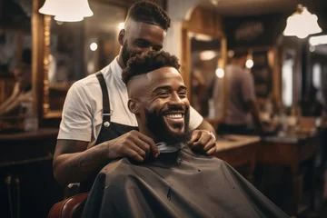  Black man getting haircut at barber shop. Generative AI. © visoot