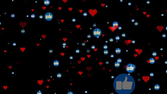 Like button, Love, emotion reaction icons animated with alpha channel. Social media icons Like Facebook tiktok instagram. Animation of social media icon symbols on black background