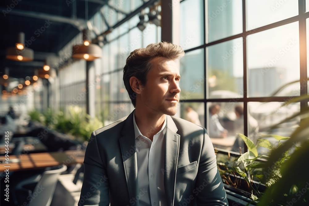Poster Generative AI : man enjoying the view out of the window in an open office