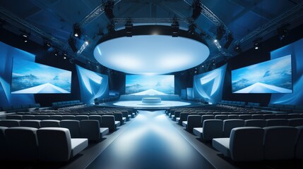 Stage for conference site with wide screen, Audience, Lighting, Stage, Business concept.