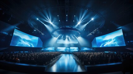 Stage for conference site with wide screen, Audience, Lighting, Stage, Business concept. - obrazy, fototapety, plakaty