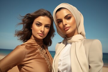 Portrait of two beautiful model Arab women and fancy clothes. Generative AI.