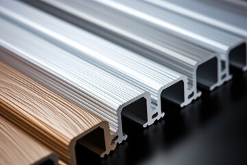 Wood grain Aluminium profiles, Top view. Generative AI. - obrazy, fototapety, plakaty
