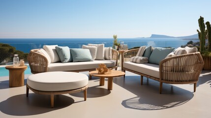Fototapeta premium Outdoor furniture with outdoor sofa, Sea view. Generative AI.