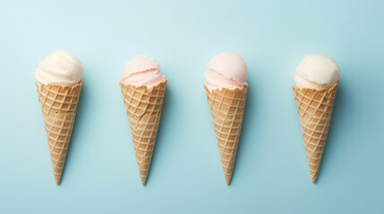 Set of various ice cream scoops in waffle cones isolated on cyan background. Generative AI