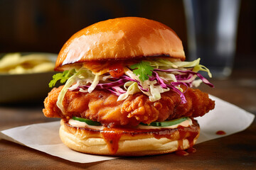 A stunning Southern-inspired fried chicken burger is served on paper. (Generative AI)