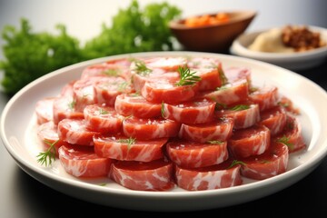Sliced sausage put on the dish. Generative AI.