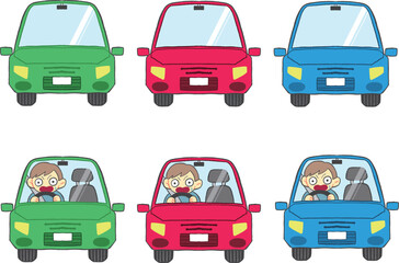車と車を運転するびっくりした人　イラスト　まとめ　セット