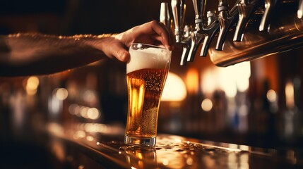Person pouring beer from a beer tap. Generative AI. - obrazy, fototapety, plakaty