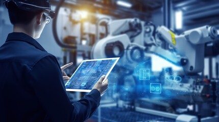 A Industry engineer in factory using digital tablet with automated robot arm machine learning operation infographic system control monitoring on a blue background. - obrazy, fototapety, plakaty