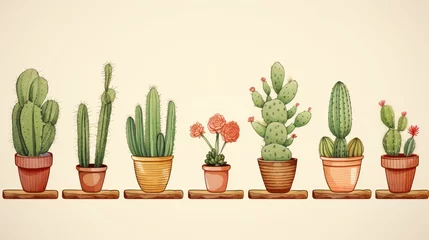 Foto op Aluminium Cactus in pot A watercolor style, minimal cartoon illustration of different cactuses, green, craft paper.