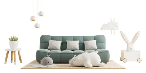 Children's room with green sofa soft toys on transparent background.3d rendering