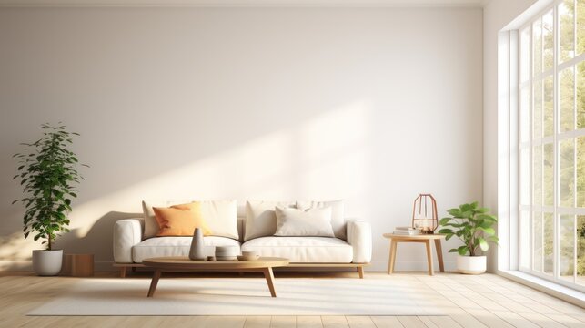 A Minimalist interior design of a modern living room, sofa and stump pillows, in a room with morning sunlight streaming through the window.