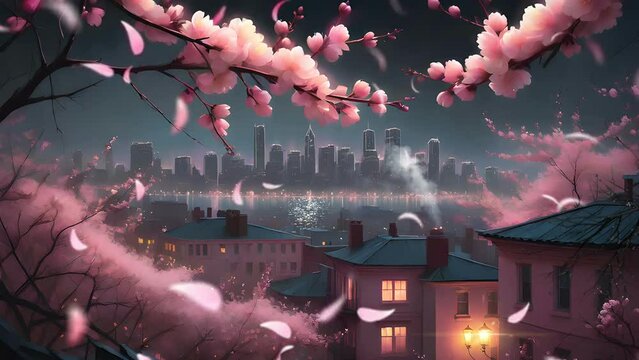 Night in the city with pink cherry blossom trees. Cartoon or anime watercolor painting illustration style. seamless looping 4K virtual video animation background.