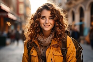 Generative AI : Smiling traveler girl in street of old town in European city.