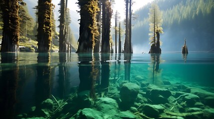 Generative AI : A split-shot photograph of kaindy lake, the trees continue underwater