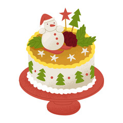 Winter cake decorated with a snowman figure, pine cone and leaves. Sweets for Christmas and New Year's parties. Comfort in home. Vector illustration isolated on white background.