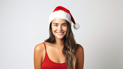 Isolated portrait of a cheerful young woman wearing a santa hat on a white background