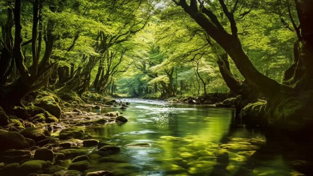 A beautiful natural landscape in the forest with a lake flowing amidst the forest and trees. seamless looping time-lapse virtual video animation background. Generated AI
