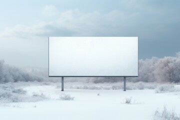 Fototapeta premium A snowy landscape with a billboard in the foreground, providing a winter-themed canvas for your custom messaging.