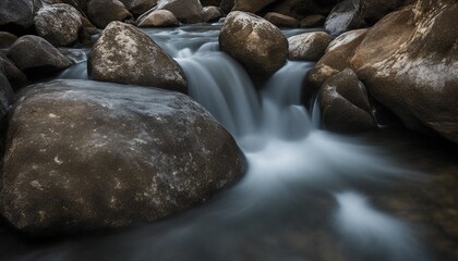 Naklejka na ściany i meble Long exposure of a waterfall flowing over rocks in a mountain stream.
