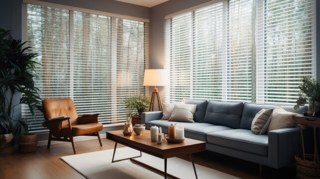 A living room shows a blind in a window. Generative AI.