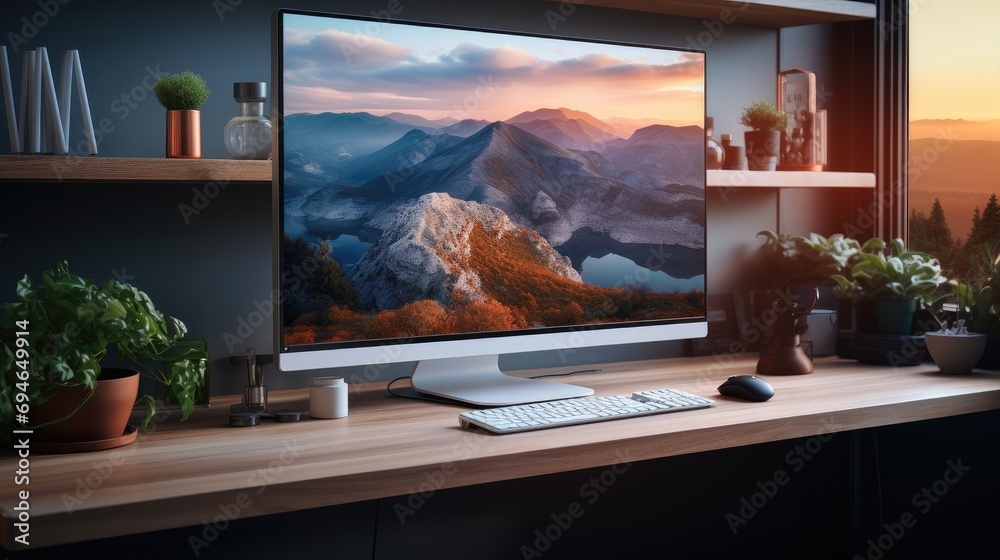 Poster Desktop monitor on desk. Generative AI.