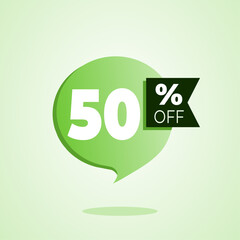 50 percent off in green circular balloon