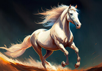 illustration of running white horse isolated on black background - obrazy, fototapety, plakaty