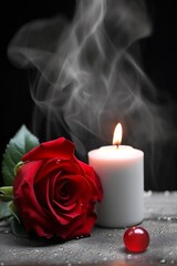 Generative AI : A burning candle and a red rose on a black background.