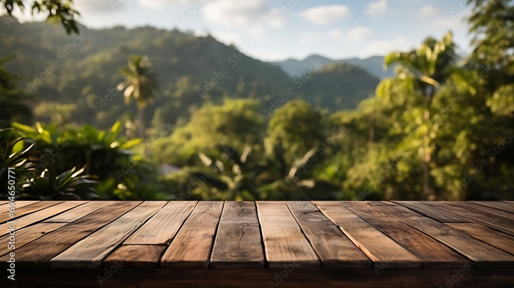 Poster generative ai : empty wooden table in front of green nature and mountain background.