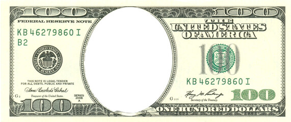 100 dollars banknote with hole for your text or your face