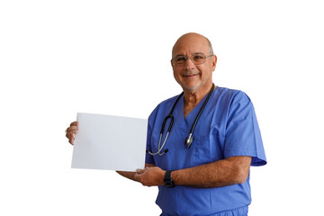 Bald caucasian male doctor wearing blue scrubs holding blank white sign and smiling on a white background