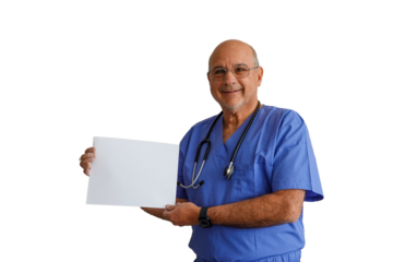Bald caucasian male doctor wearing blue scrubs holding blank white sign and smiling on a white background