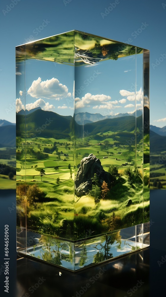 Aufkleber generative ai : landscape with tree on a sunny day reflected in a glass sphere on green background