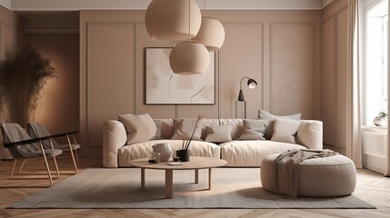 Generative AI : Luxurious living room interior with a grey couch, lamps, coffee table and plants.