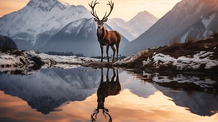 Generative AI : Red Deer stag in the river Carpathian Mountains - obrazy, fototapety, plakaty