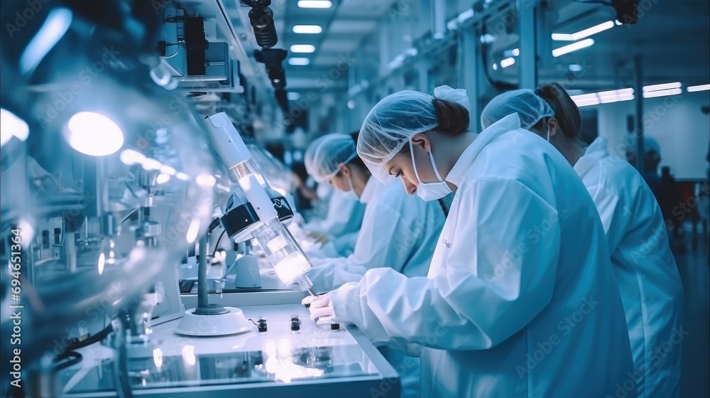 Poster a team of scientists and technicians work on modern machinery in a sterile in industrial technology 