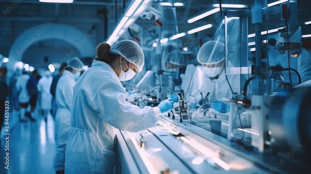 Poster a team of scientists and technicians work on modern machinery in a sterile in industrial technology 