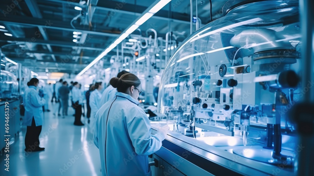 Poster a team of scientists and technicians work on modern machinery in a sterile in industrial technology 