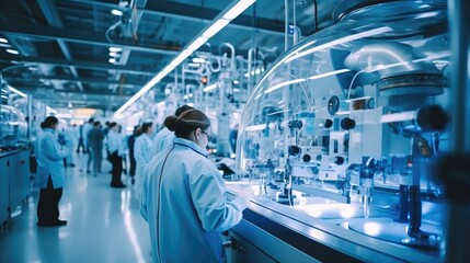 A team of scientists and technicians work on modern machinery in a sterile in industrial technology factory. Generative AI.